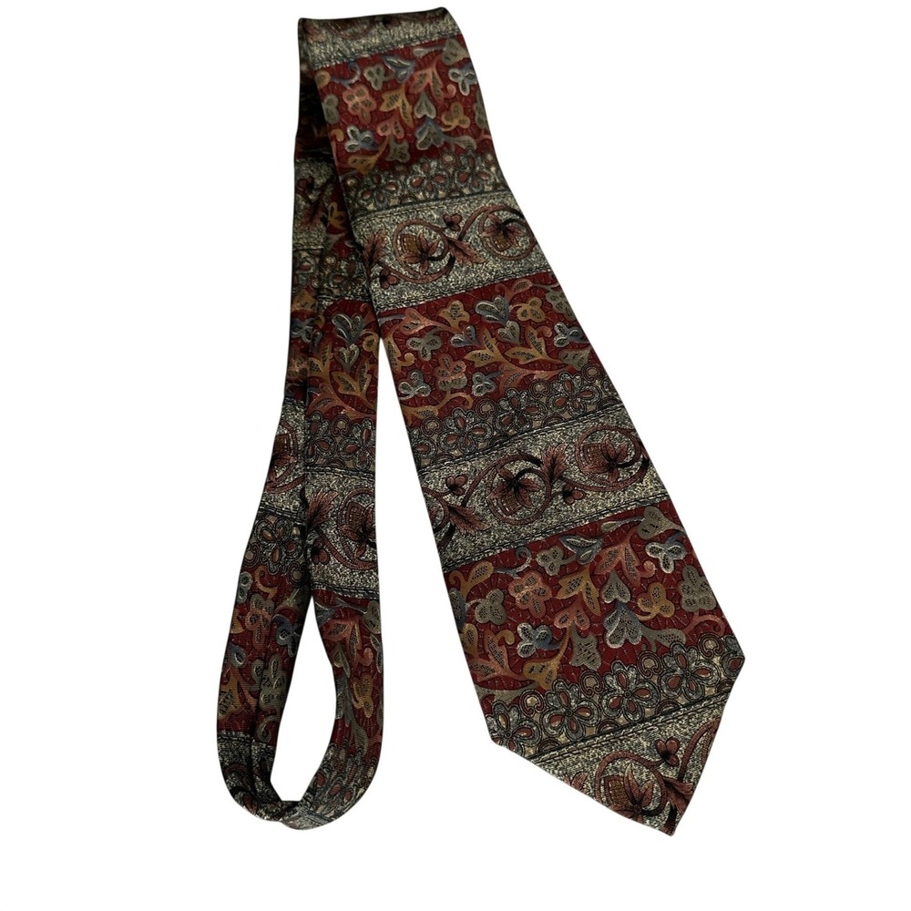 Bill Blass Men SilkTie Necktie Burgundy Gold Floral Paisley Tapestry USA Baroque